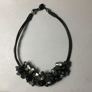 Necklace, black and silver painted shell, triple strand cord, button and loop